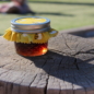 6 oz jar - Arizona Desert Dark Honey, Raw and Unfiltered Honey, it looks almost black on the shelf in the jar, but when the sun shines through it or you pour it out you can see it is actually a dark amber, mahogany color.  The flavor is rich and sweet, very delicious.